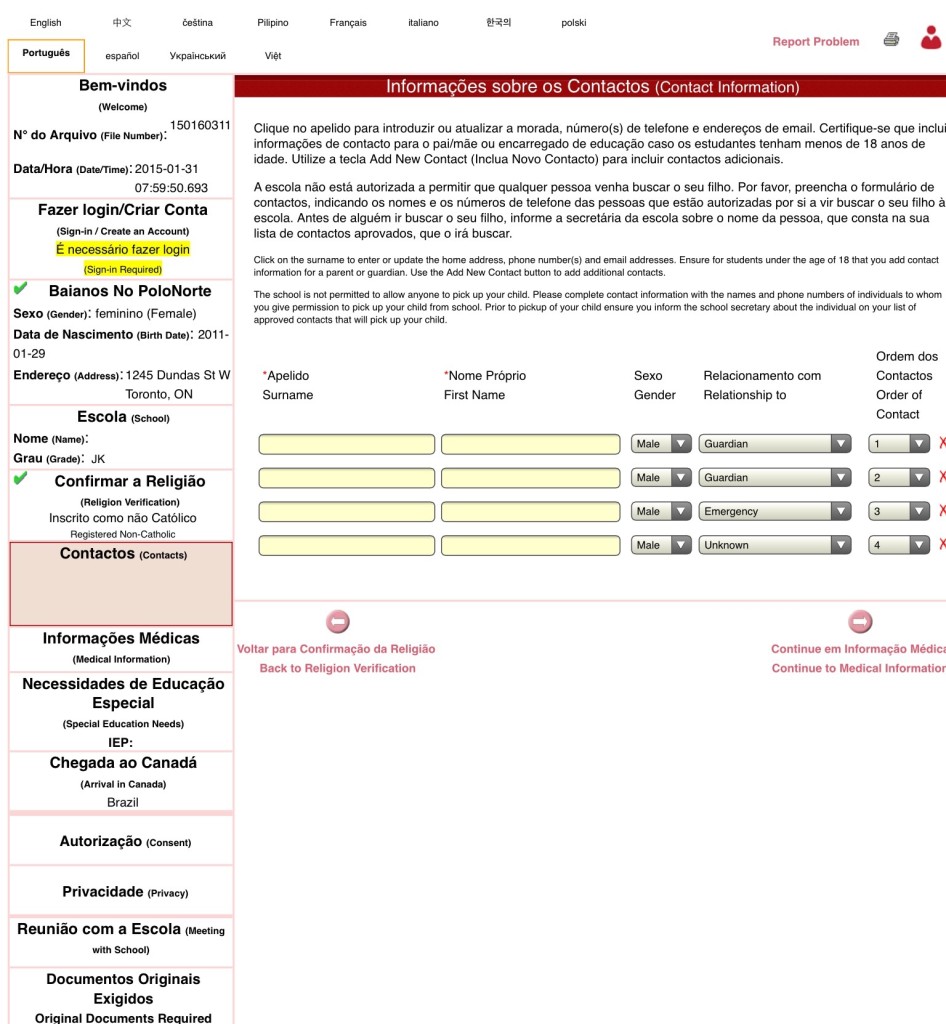 matrícula numa escola canadense