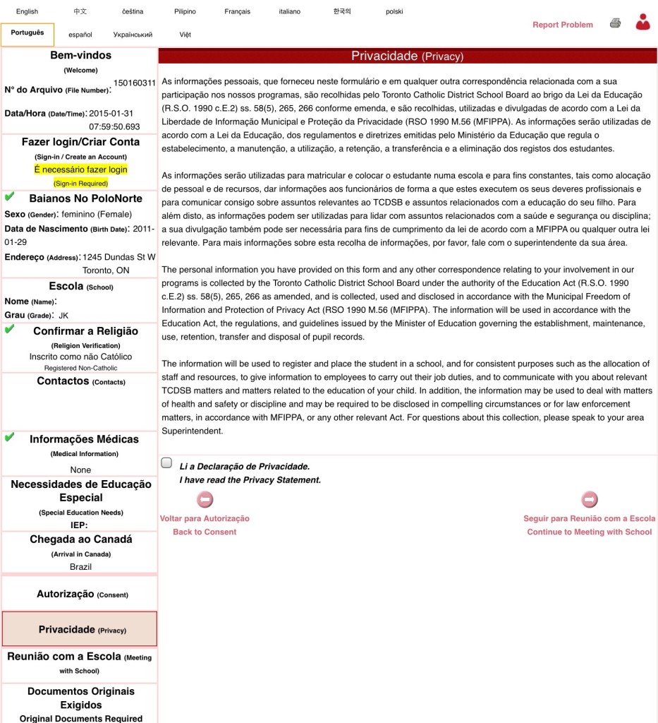 matrícula numa escola canadense