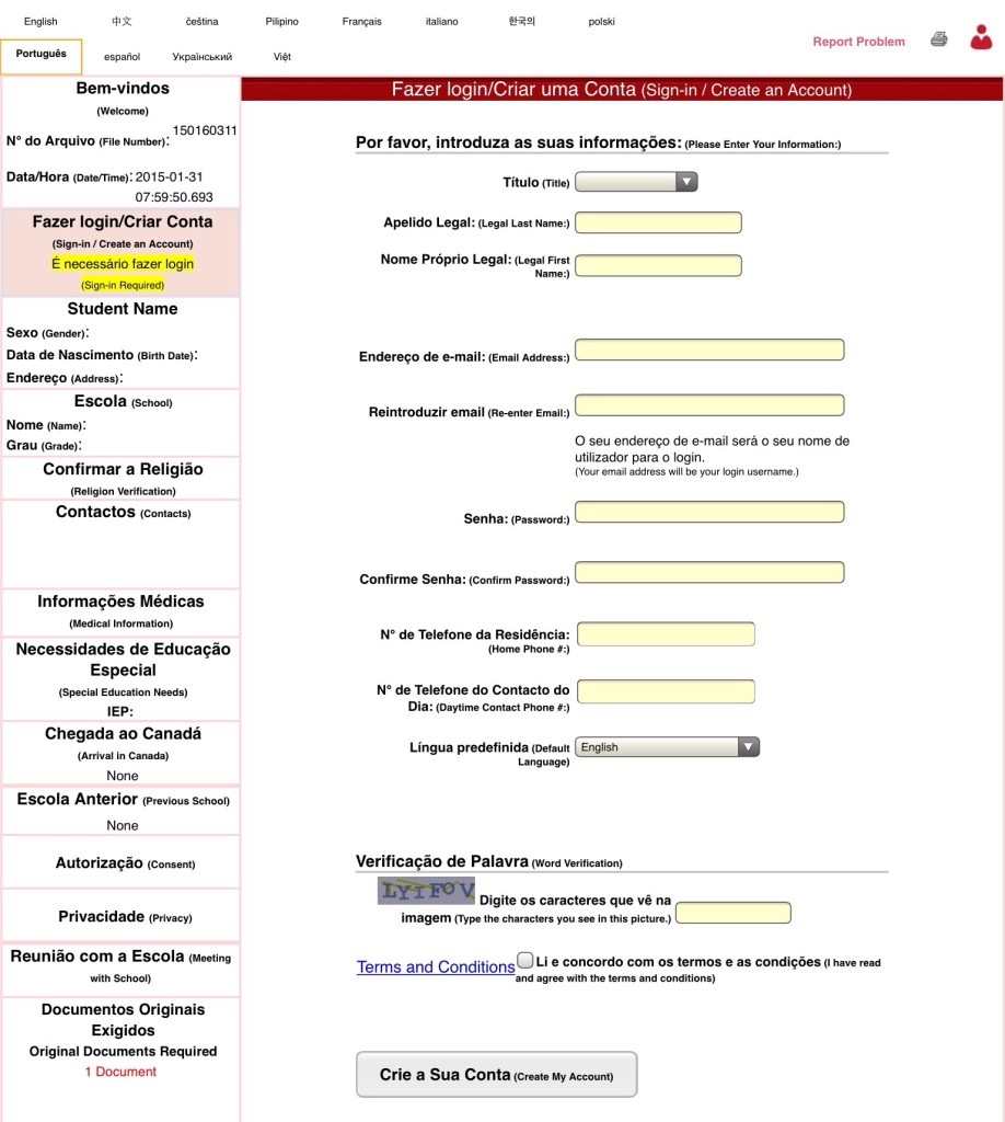 matrícula numa escola canadense