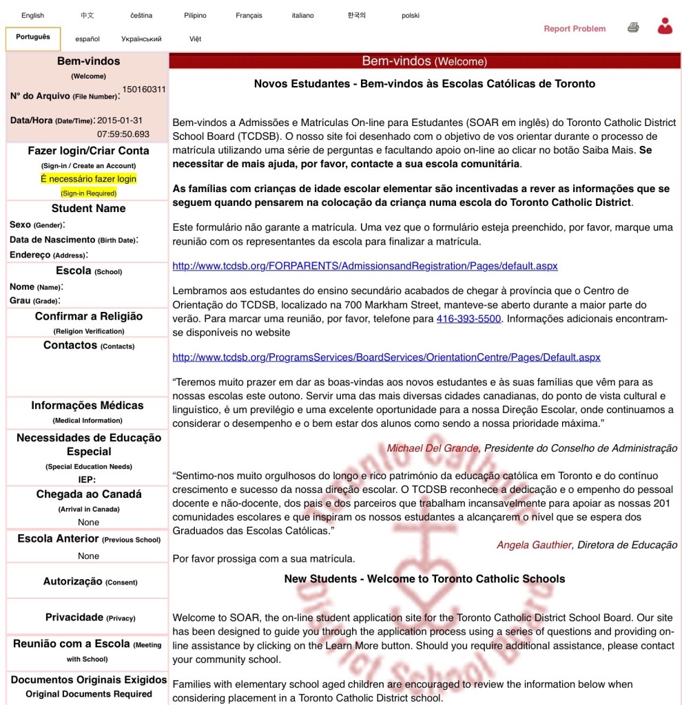 matrícula numa escola canadense